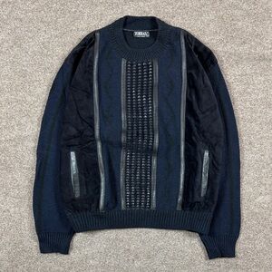Vintage Torras Navy & Black Wool Knit Leather Suede Heavyweight Sweater Men’s L